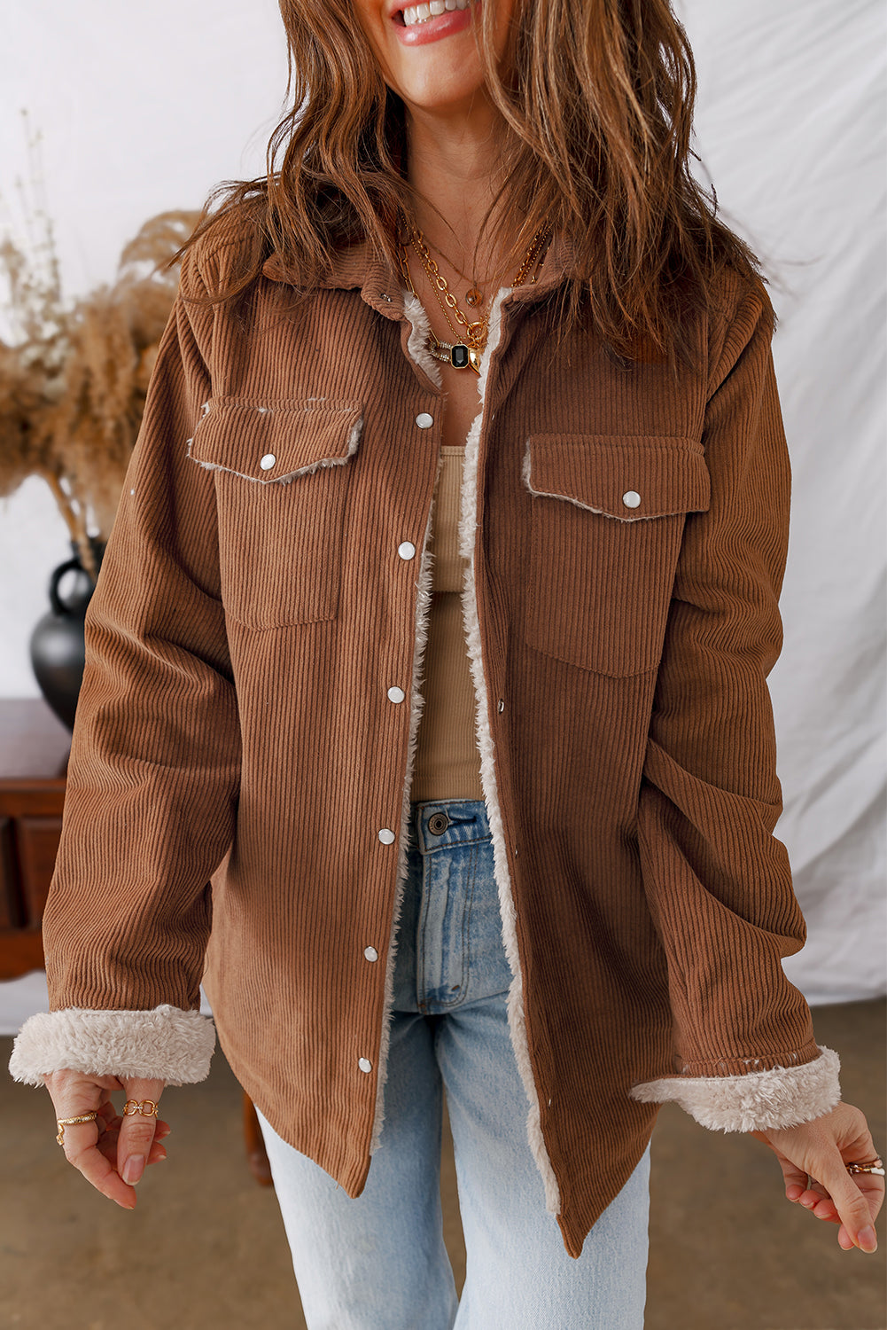 Cinnamon Fleece Lined Buttoned Flap Pockets Corduroy Jacket🤎
