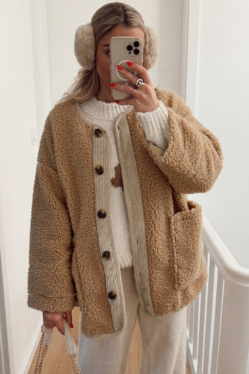 Light French Beige Puffy Plush Corduroy Edge Patchwork Jacket with Big Pockets