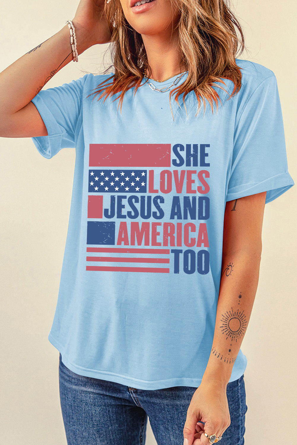 Light Blue SHE LOVES JESUS AND AMERICA TOO Heat Transfer Printing Patriotic T Shirt 🇺🇸