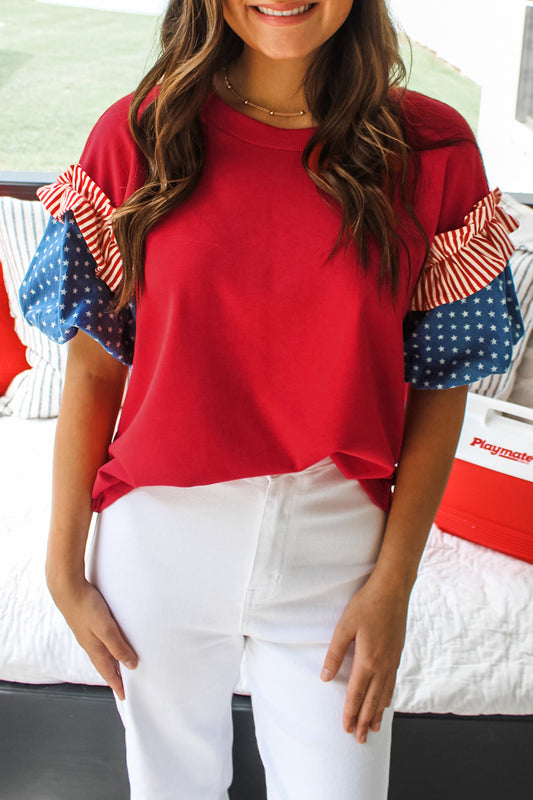 Beau Blue Stars Stripes Short Puff Sleeve Top🇺🇸