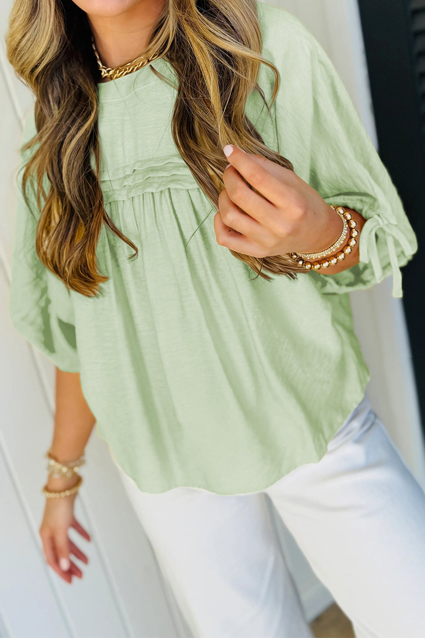 Yellow Cream Tie Half Sleeve Pleated Detail Babydoll Blouse