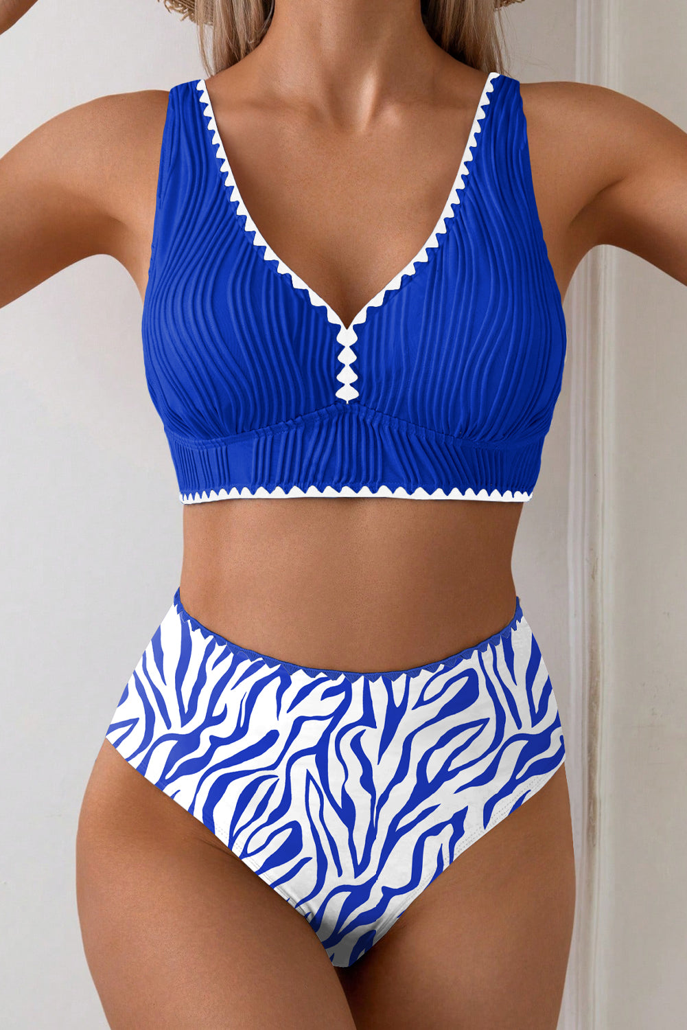 Pink Shell Stitched Trim V Neck Textured Mix and Match High Waist Bikinis