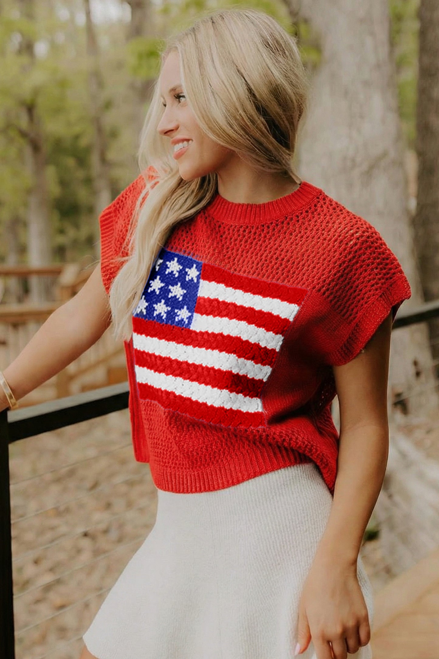 Fiery Red Flag Graphic Short Sleeve Sweater Top🇺🇸🎆