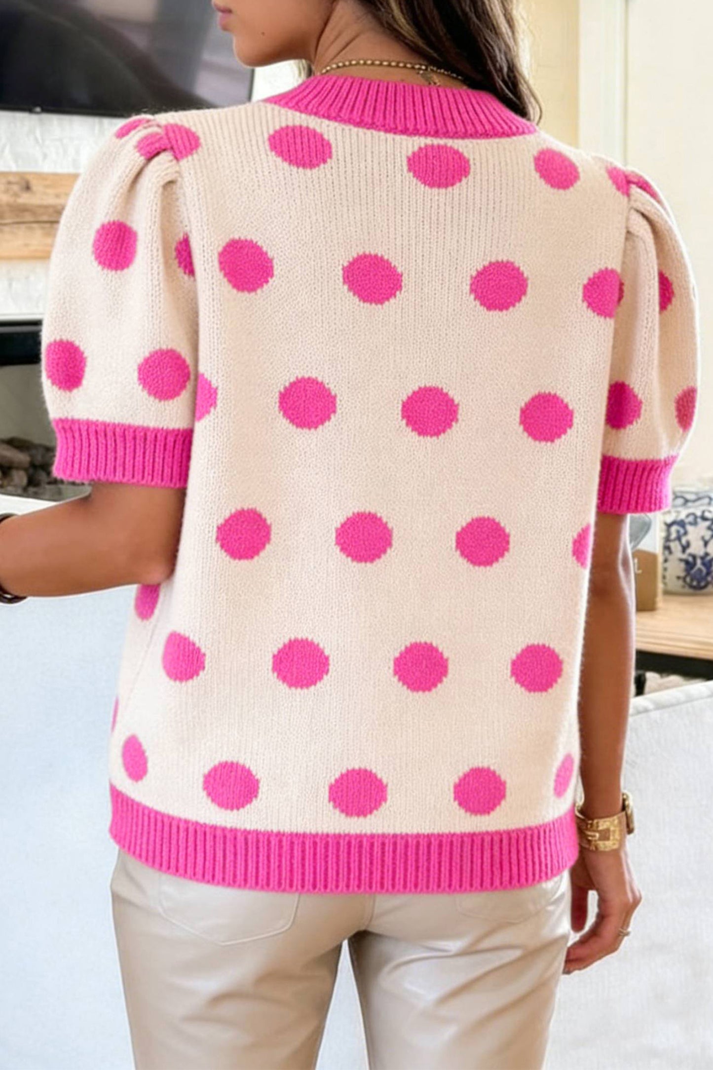Pink Polka Dot Puff Short Sleeve Sweater Top🩷