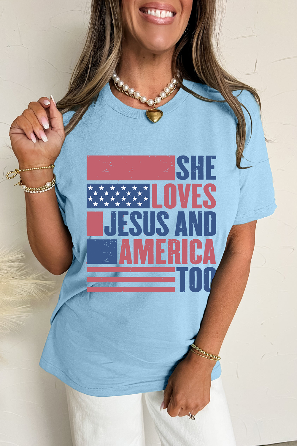 Light Blue SHE LOVES JESUS AND AMERICA TOO Heat Transfer Printing Patriotic T Shirt 🇺🇸