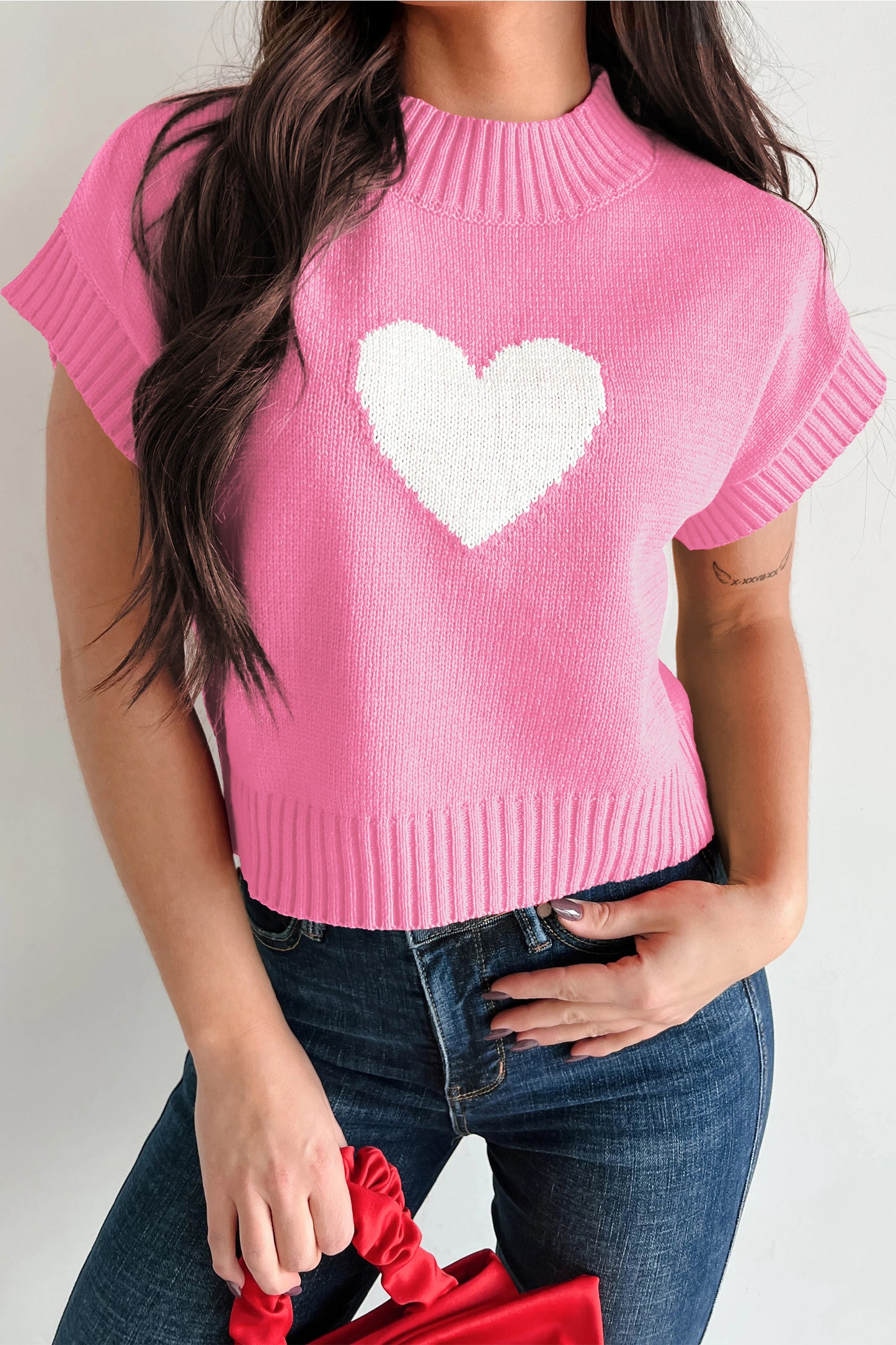 💕Fiery Red Valentine Heart Graphic Cropped Short Sleeve Sweater💕