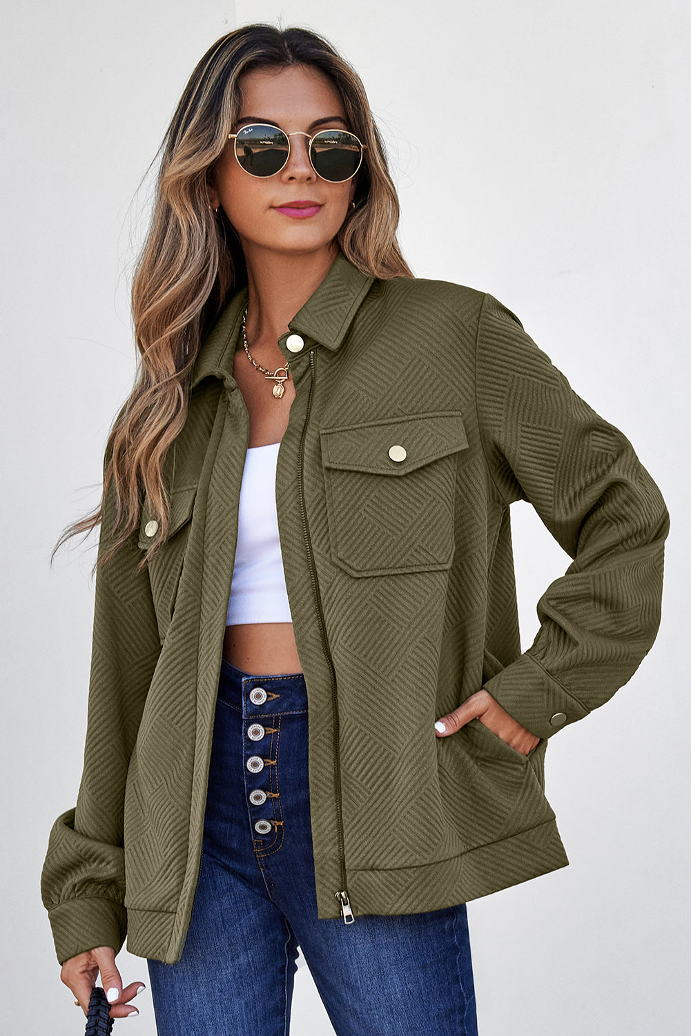 Blackish Green Solid Color Zip Up Button Flap Pocket Shirt Collar Jackets