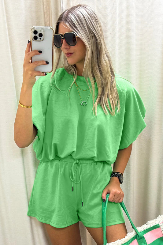 Smoke Gray Solid Color Puffy Loose Top Drawstring Shorts 2pcs Outfit
