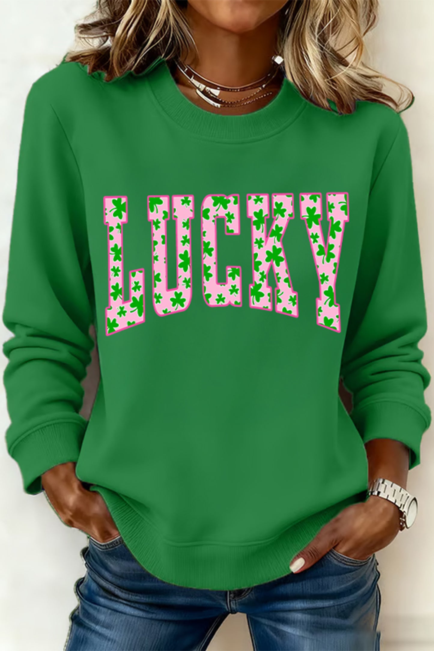 Dark Green LUCKY Clover Letter Printed Loose Pullover Sweatshirt☘️