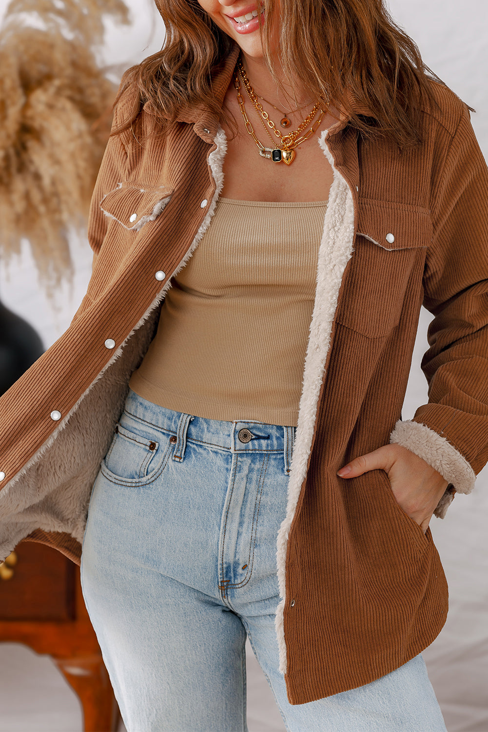 Cinnamon Fleece Lined Buttoned Flap Pockets Corduroy Jacket🤎