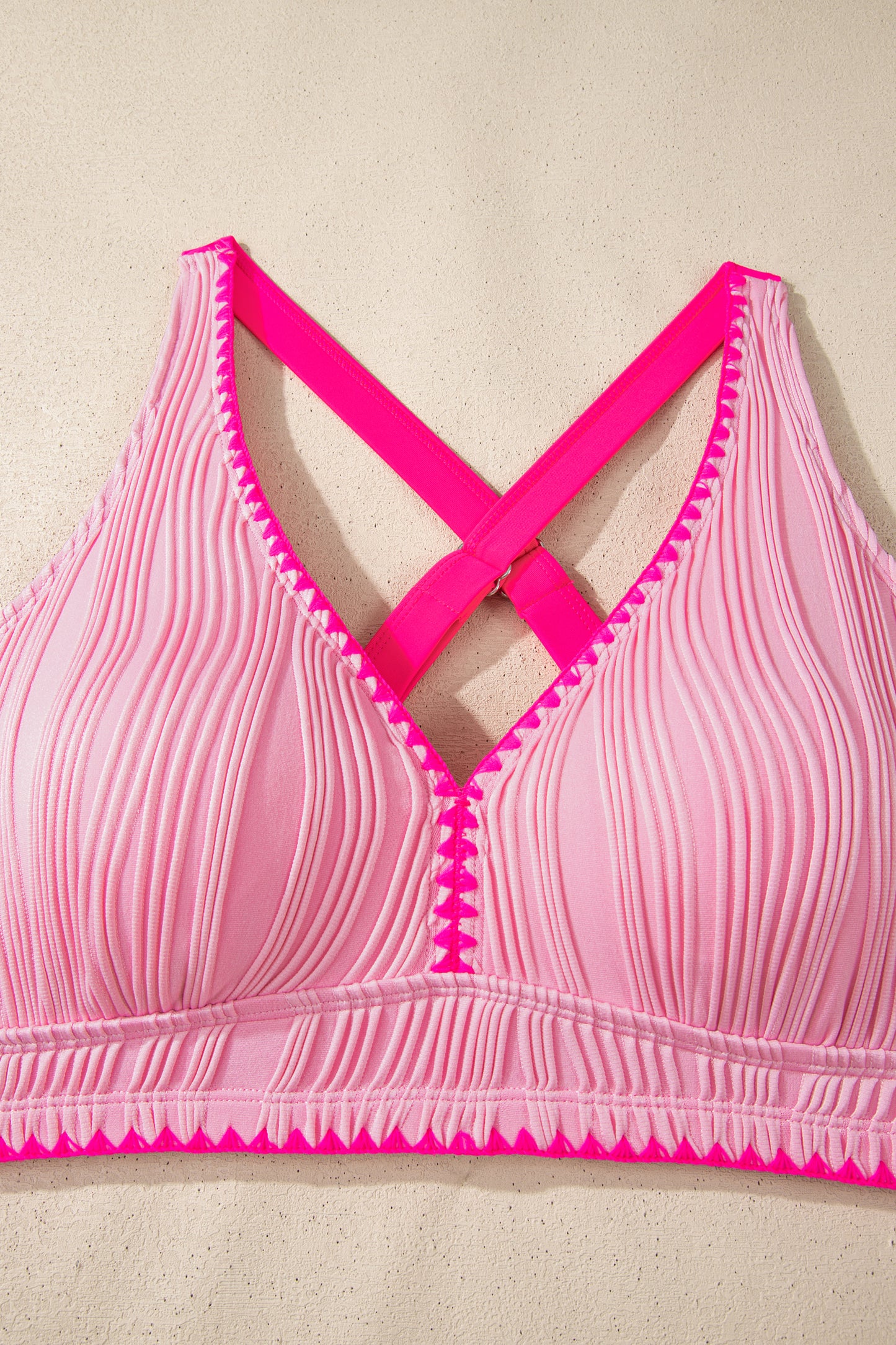 Pink Shell Stitched Trim V Neck Textured Mix and Match High Waist Bikinis