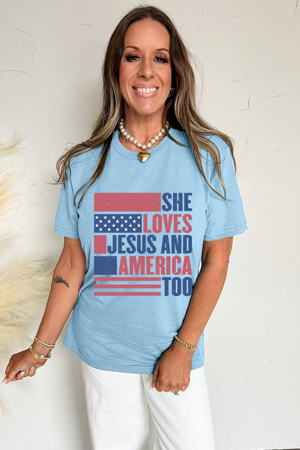 Light Blue SHE LOVES JESUS AND AMERICA TOO Heat Transfer Printing Patriotic T Shirt 🇺🇸
