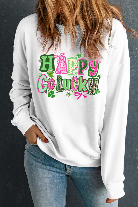 White HAPPY GO LUCKY Playful Letter Print Sweatshirt🍀💕