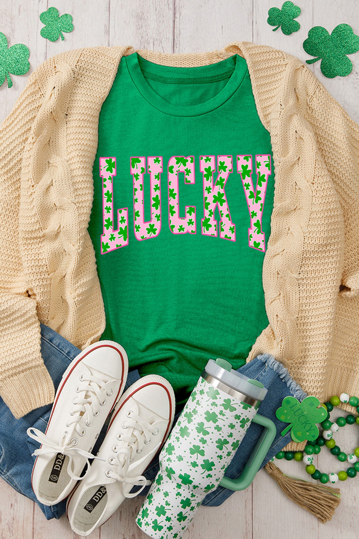 Bright Green LUCKY Clover Letter Printed Crew Neck T Shirt🍀