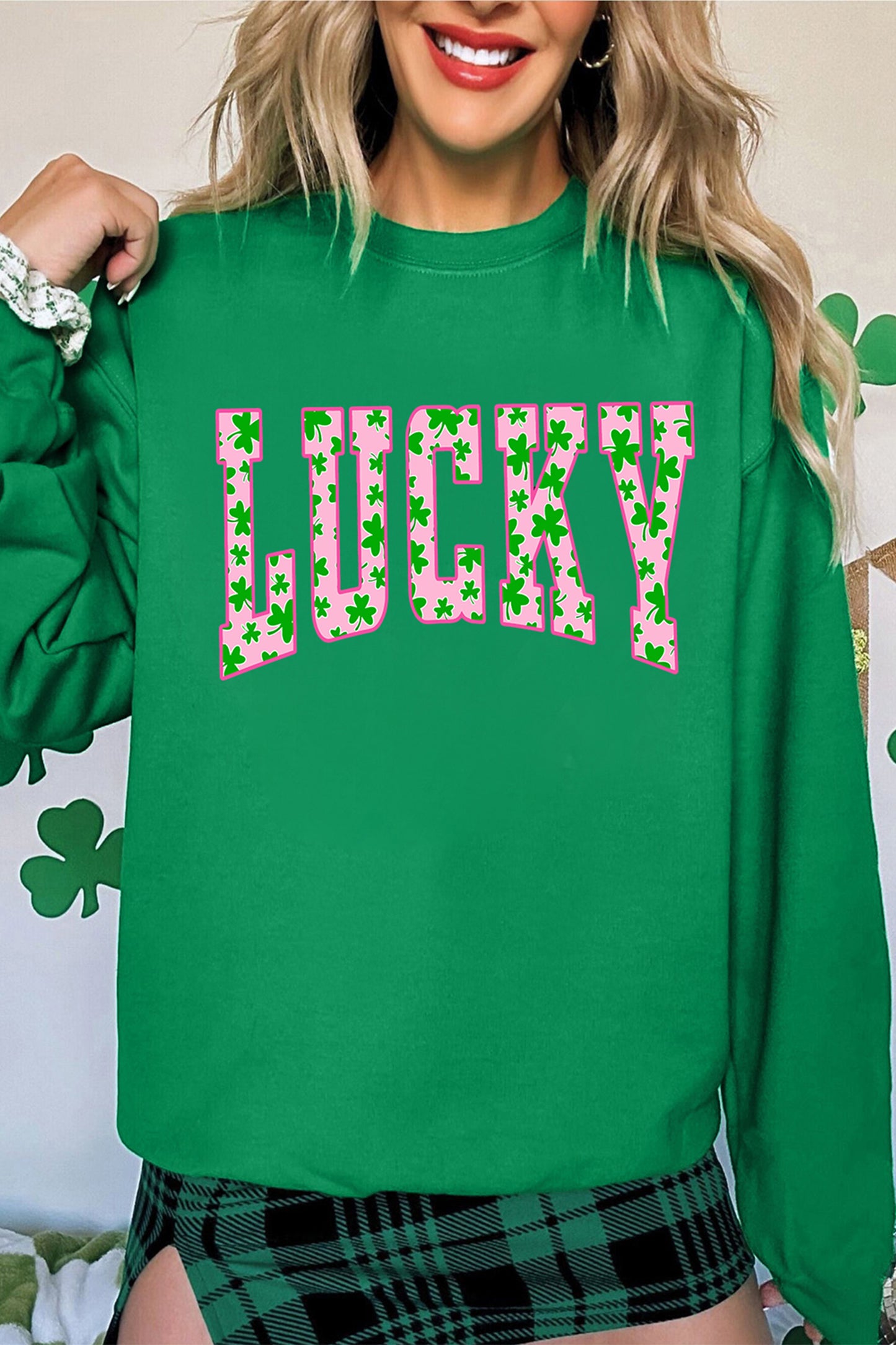 Dark Green LUCKY Clover Letter Printed Loose Pullover Sweatshirt☘️