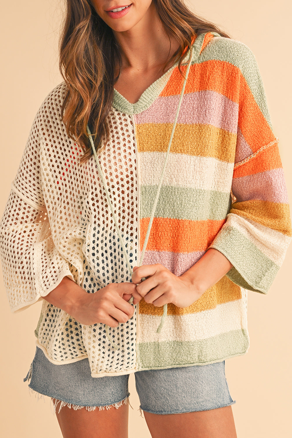 Pink Oversized Colorblock V Neck Hooded Sweater💕