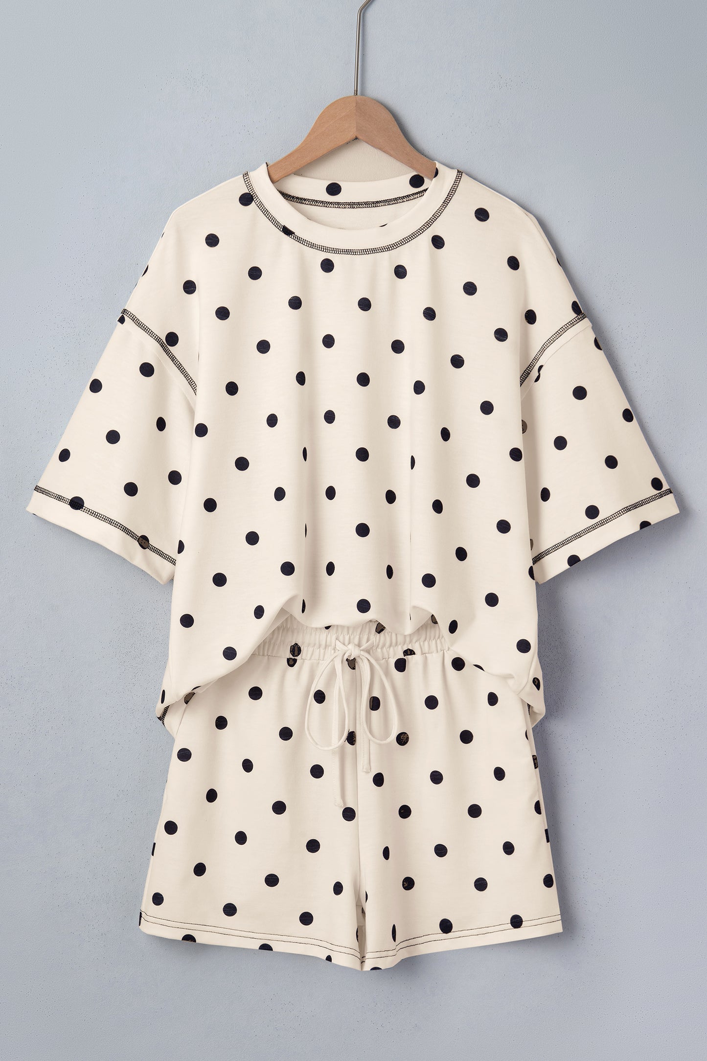 Sky Blue Exposed Seam Detail Polka Dot Loose Tee Drawstring Shorts Set