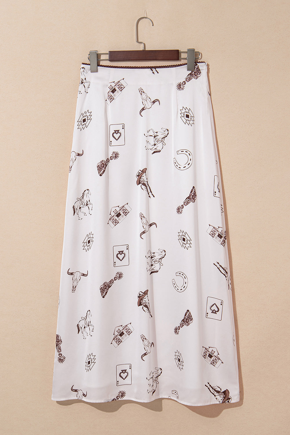 White Western Print Satin Long Skirt