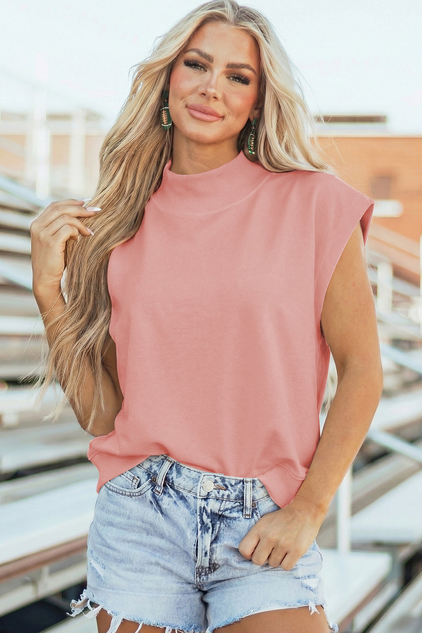 Yellow Solid Color High Neck Cap Sleeve Loose Top✨