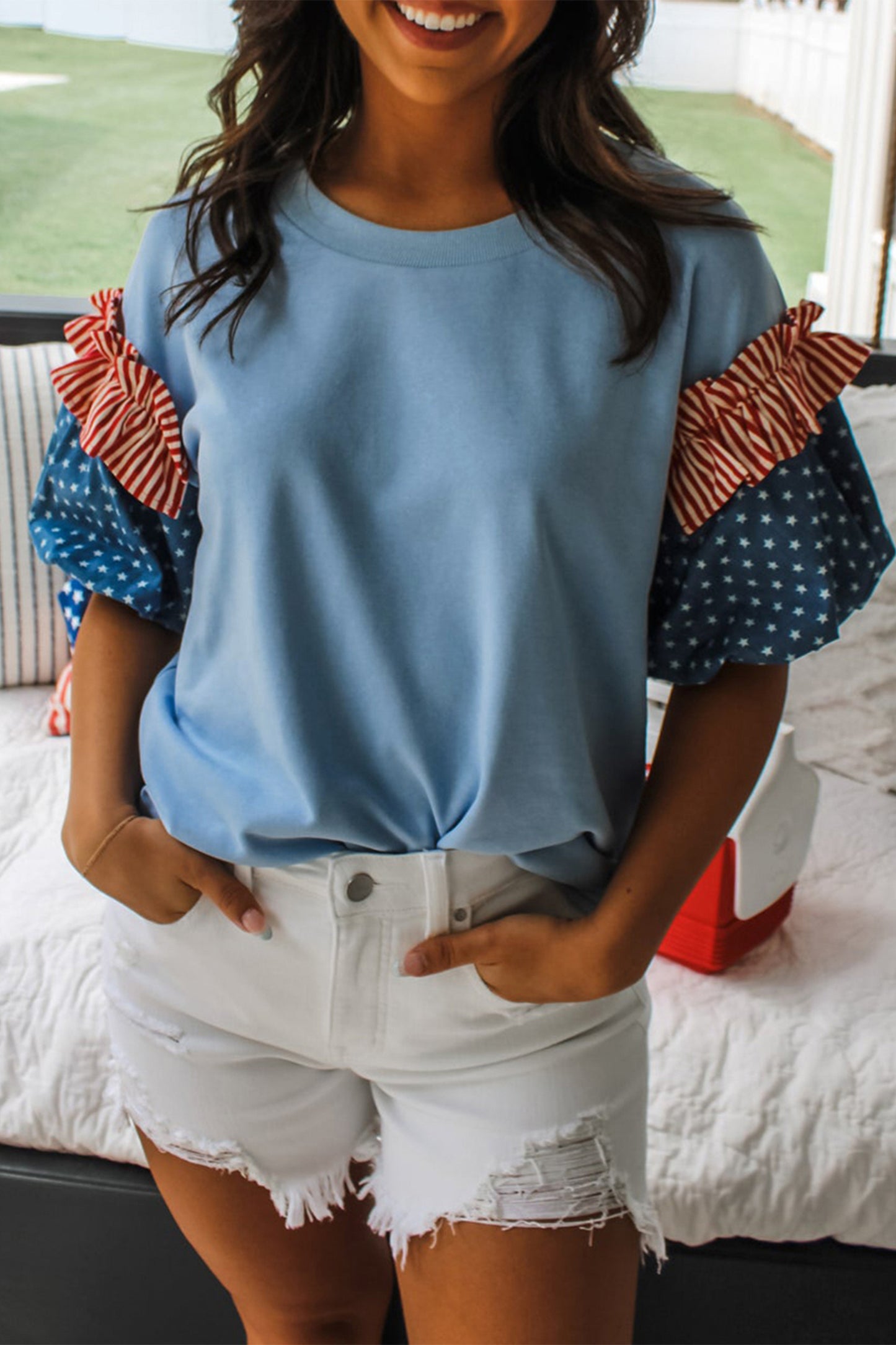 Beau Blue Stars Stripes Short Puff Sleeve Top🇺🇸