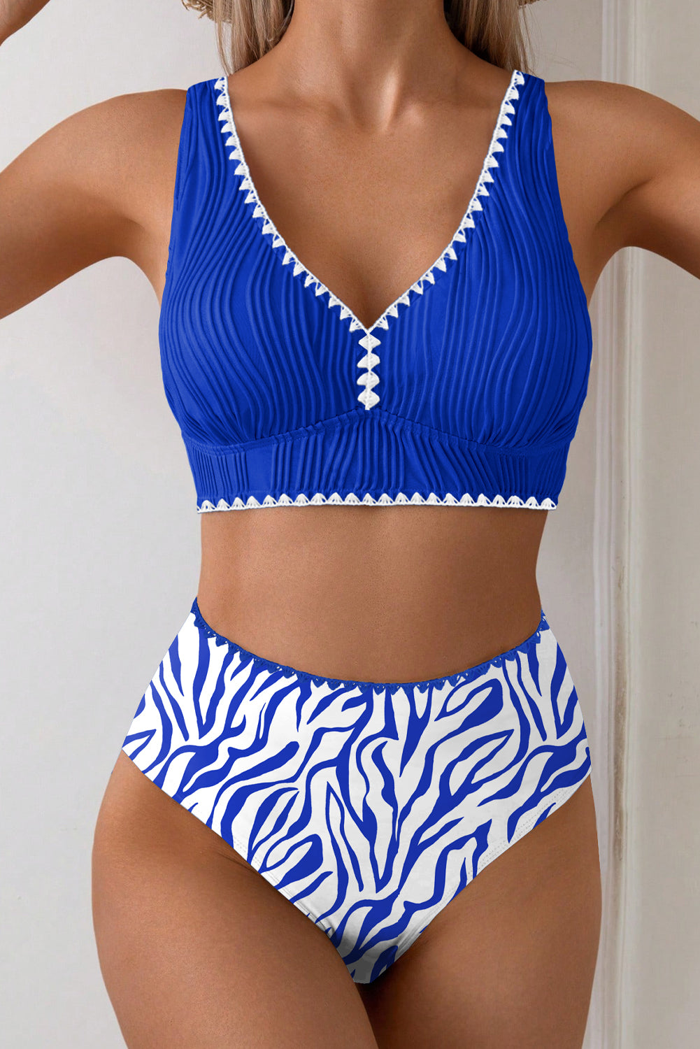 Pink Shell Stitched Trim V Neck Textured Mix and Match High Waist Bikinis