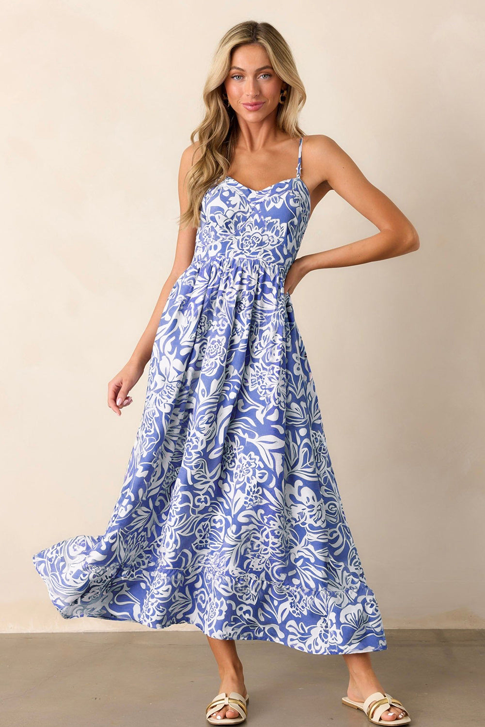 Sky Blue Floral Print Spaghetti Strap High Waist Maxi Dress💙