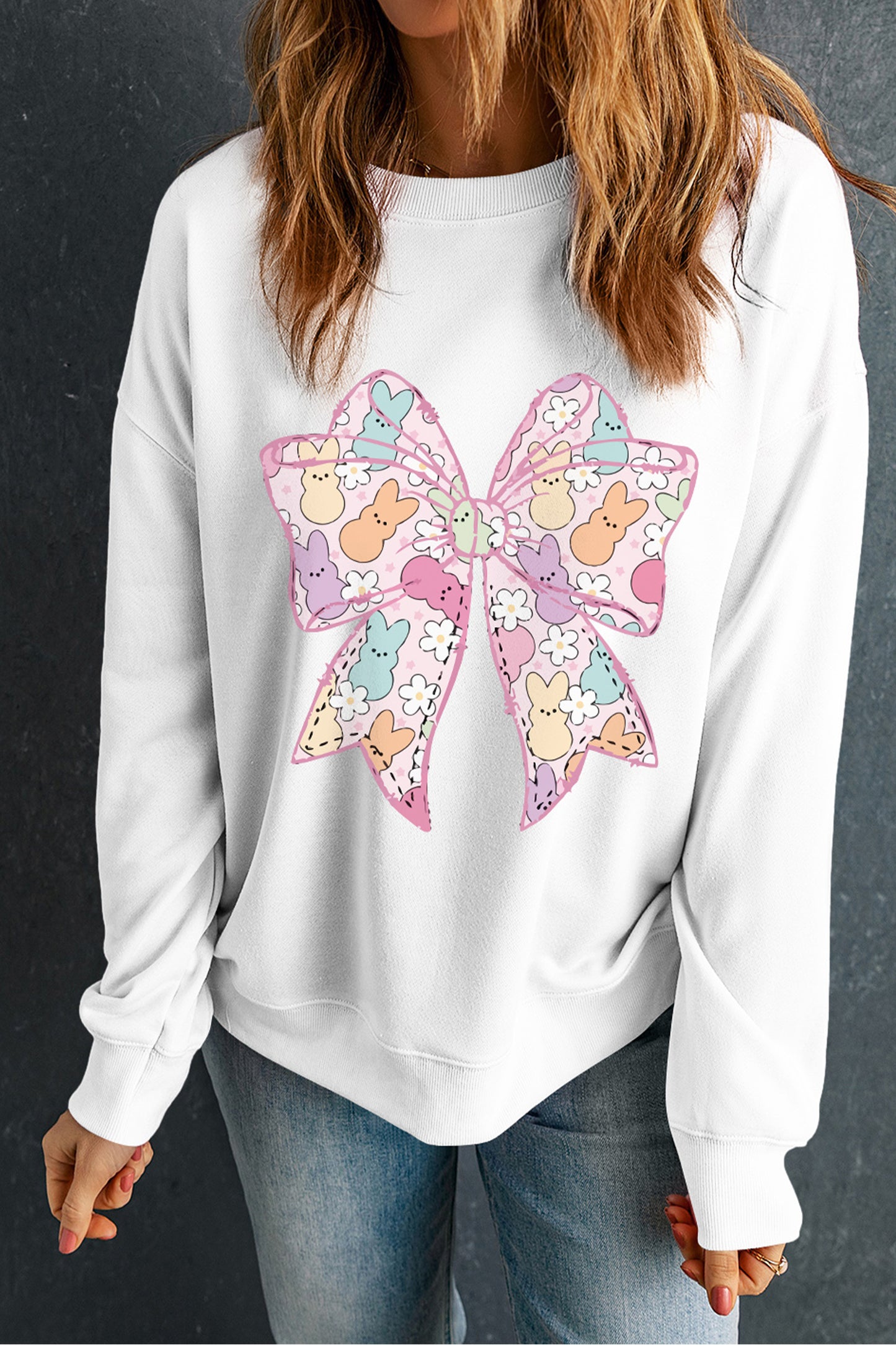 White Easter Bunny Bow Printed Casual Sweatshirt🌸🐰