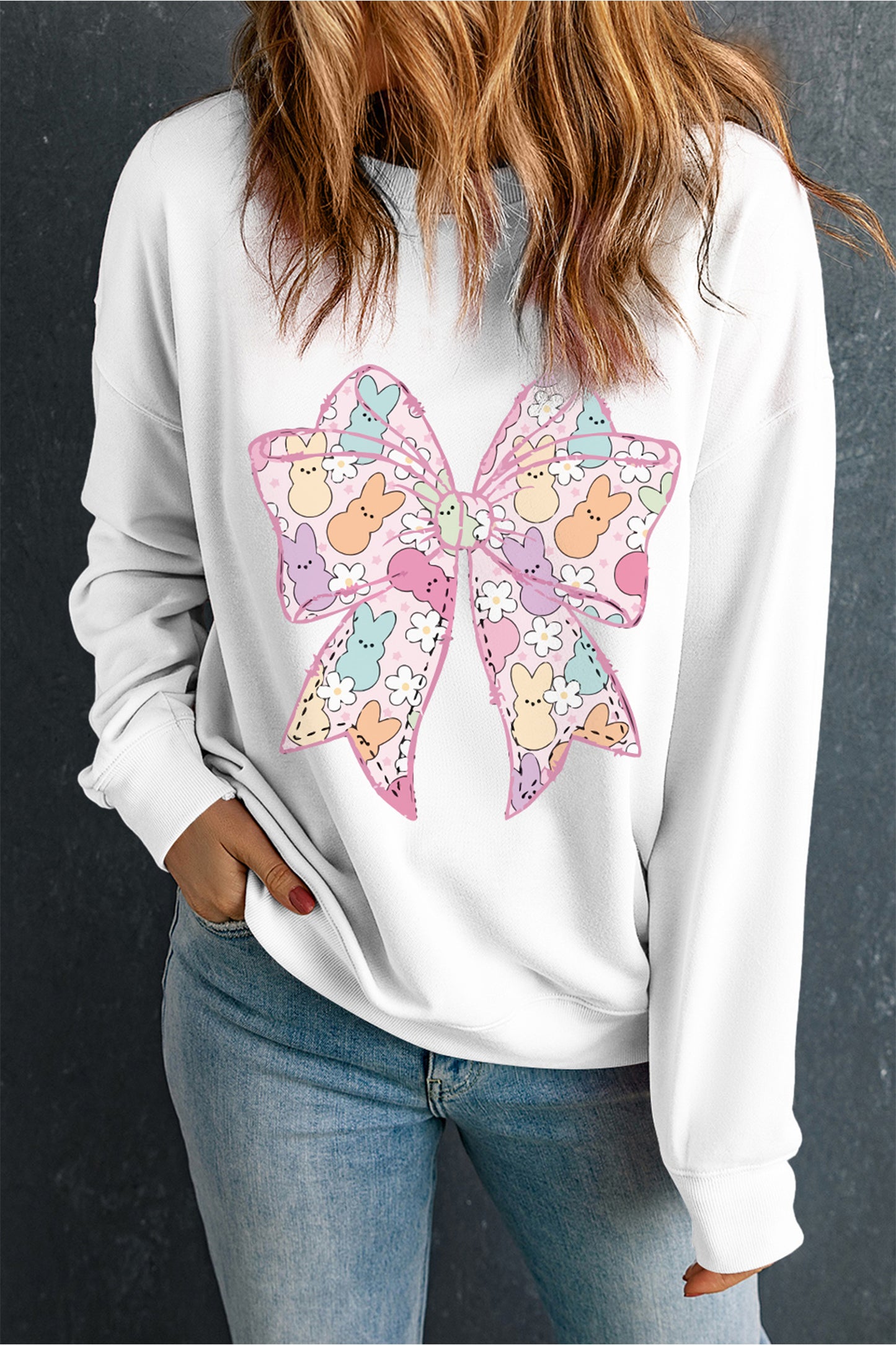 White Easter Bunny Bow Printed Casual Sweatshirt🌸🐰