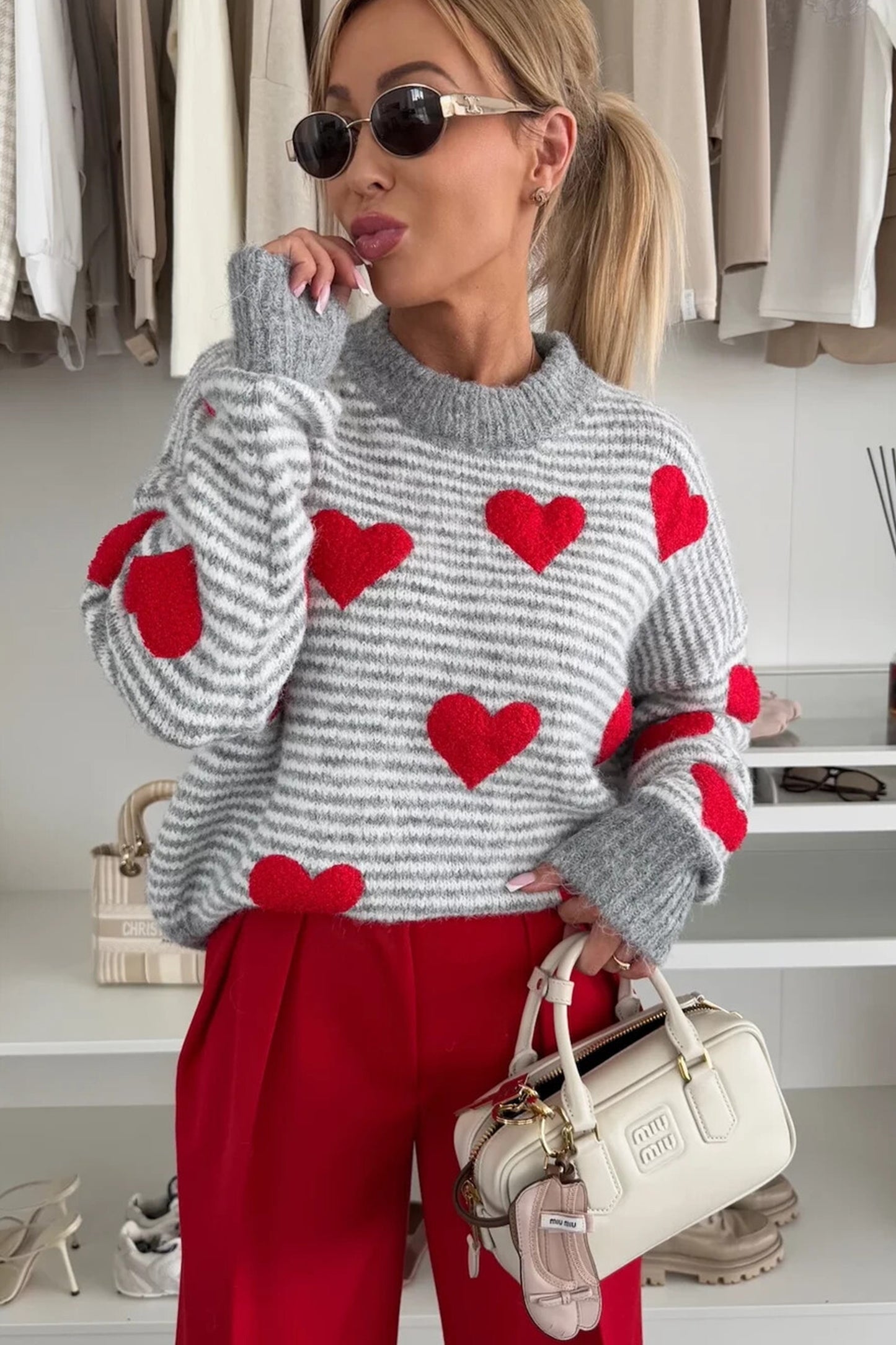 Gray Stripe Contrast Heart Pattern Valentine Knit Sweater♥️