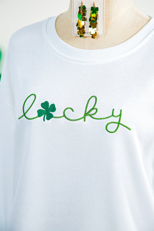 White Embroidered lucky Clover Graphic Long Sleeve Top