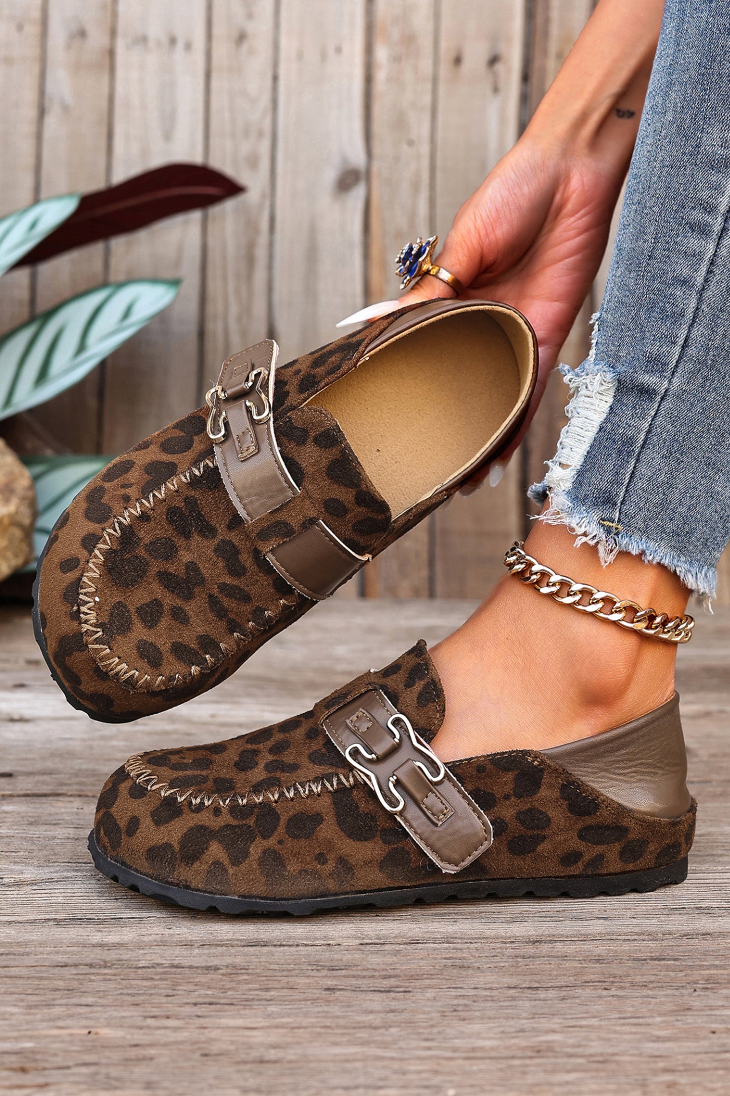 Khaki Faux Suede PU Leather Patchwork Retro Buckle Slip On Shoes