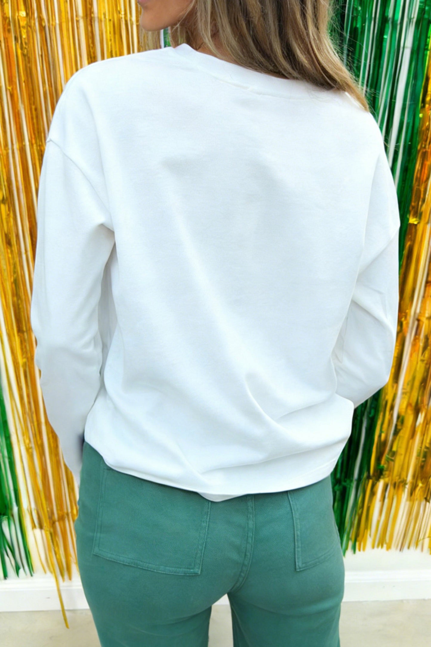 White Embroidered lucky Clover Graphic Long Sleeve Top