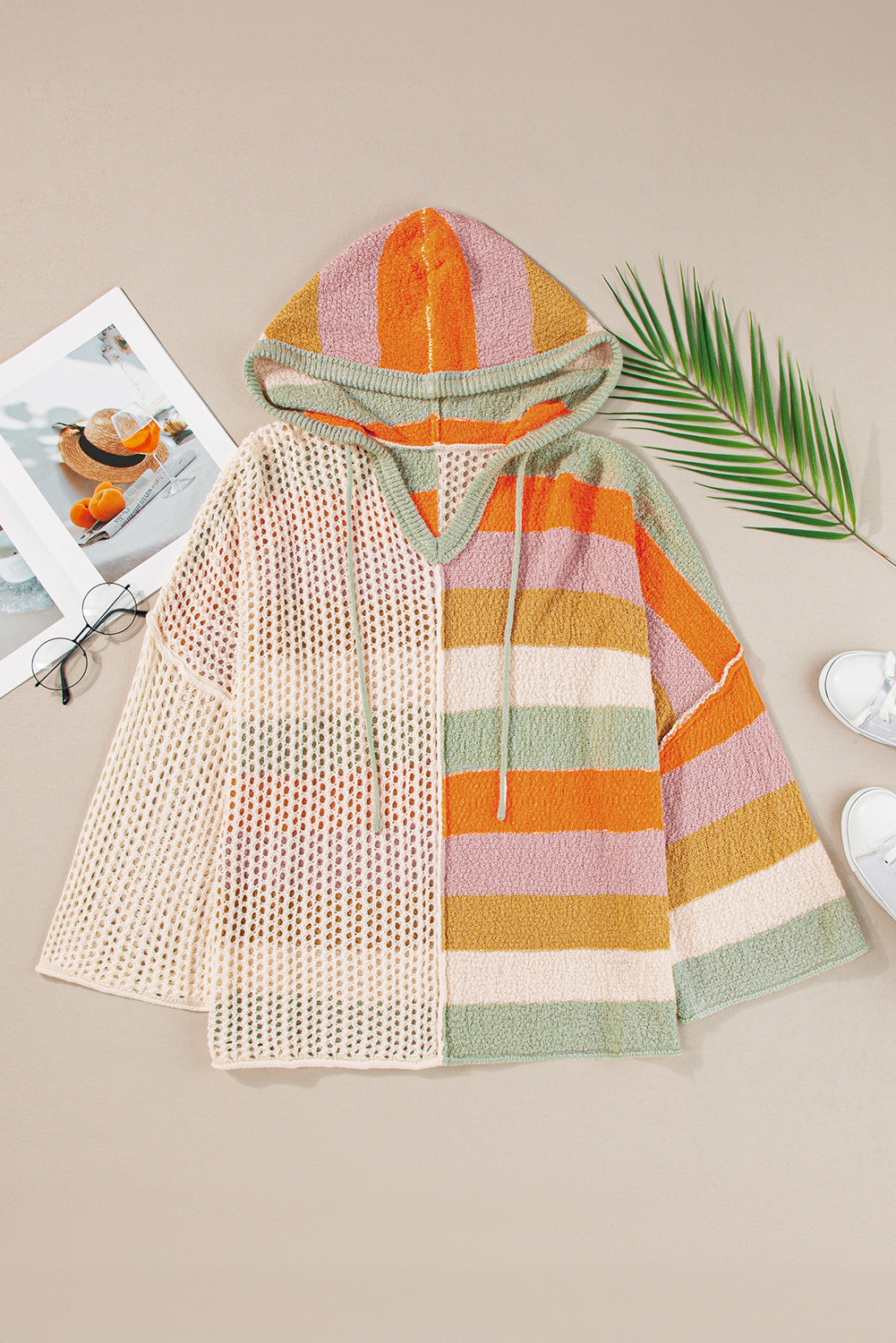 Pink Oversized Colorblock V Neck Hooded Sweater💕