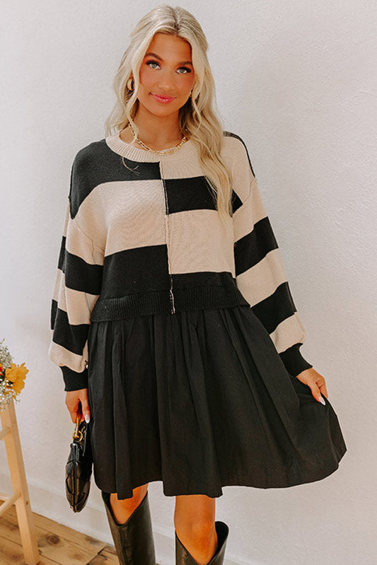 Black Stripe Two in One Knitted Top High Waist Splicing Hem Sweater Dress🖤