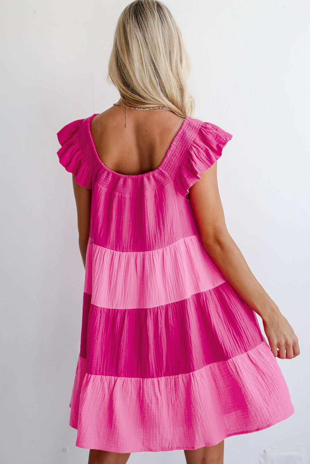 Pink Crinkled Colorblock Patchwork Tiered Mini Dress🩷
