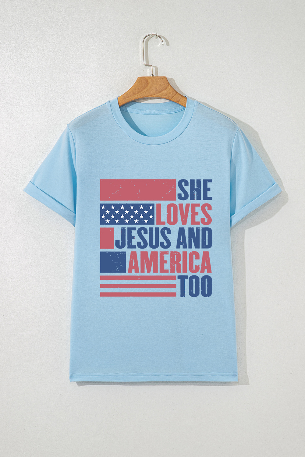 Light Blue SHE LOVES JESUS AND AMERICA TOO Heat Transfer Printing Patriotic T Shirt 🇺🇸