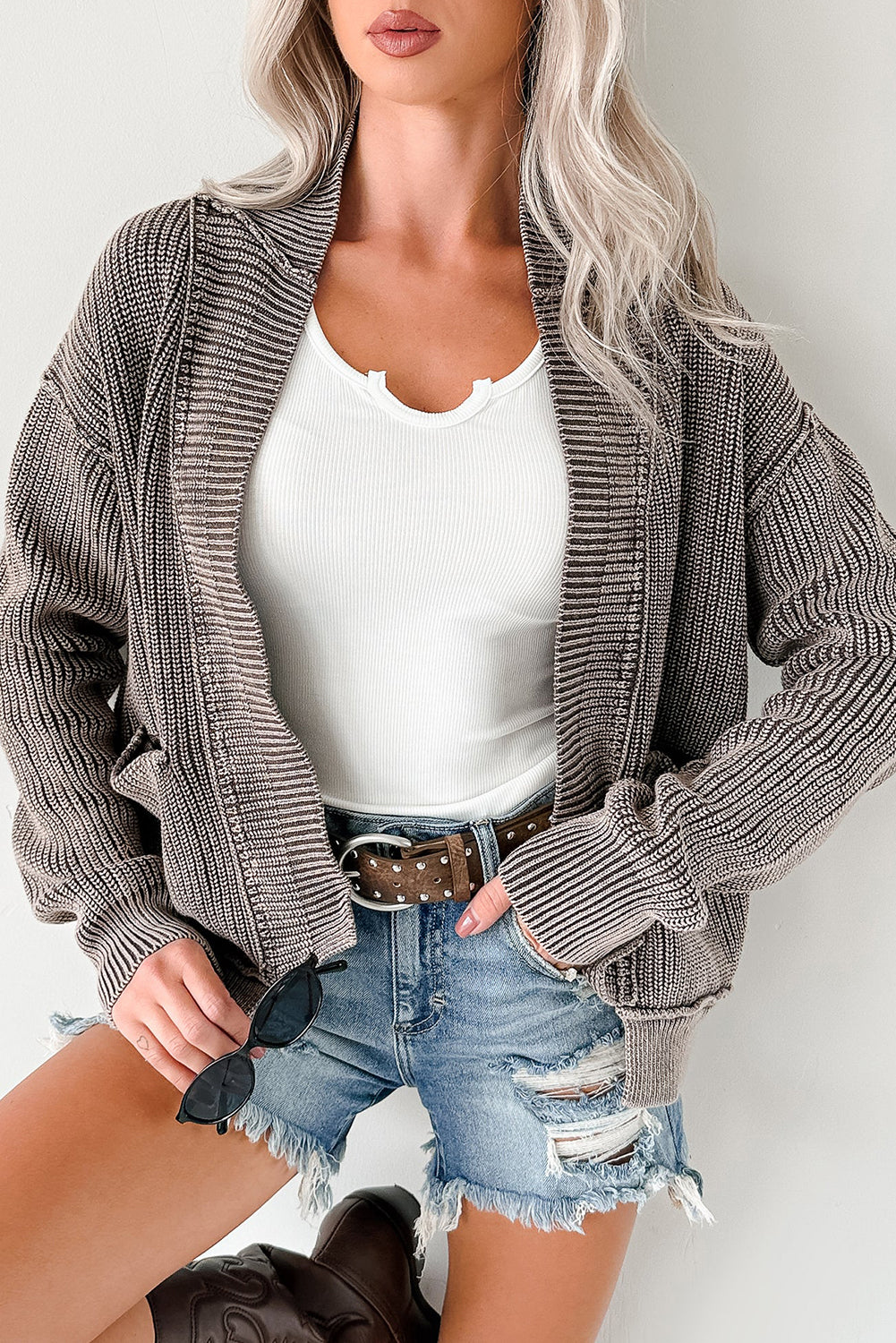 Evergreen Mineral Wash Exposed Seam Patchwork Knit Cardigan🩵
