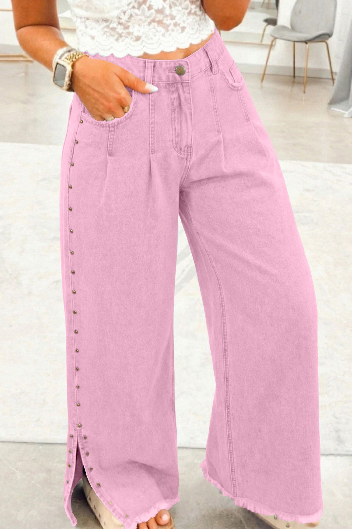 Pink Beaded Side Detail Split Loose Jeans🌸