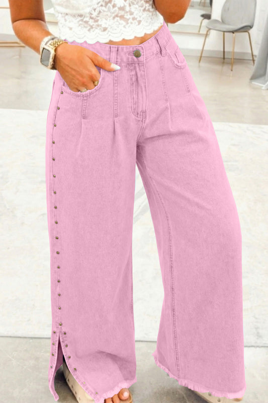 Pink Beaded Side Detail Split Loose Jeans🌸
