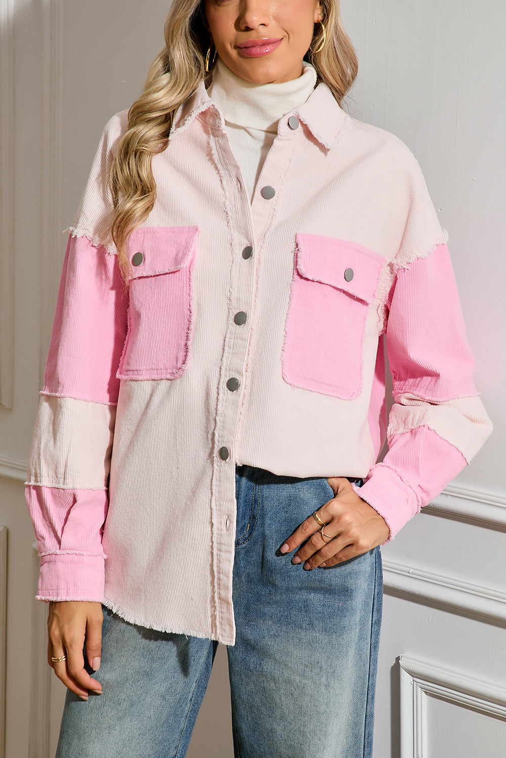 Delicacy Corduroy Two Tone Contrast Exposed Seam Shacket🌸
