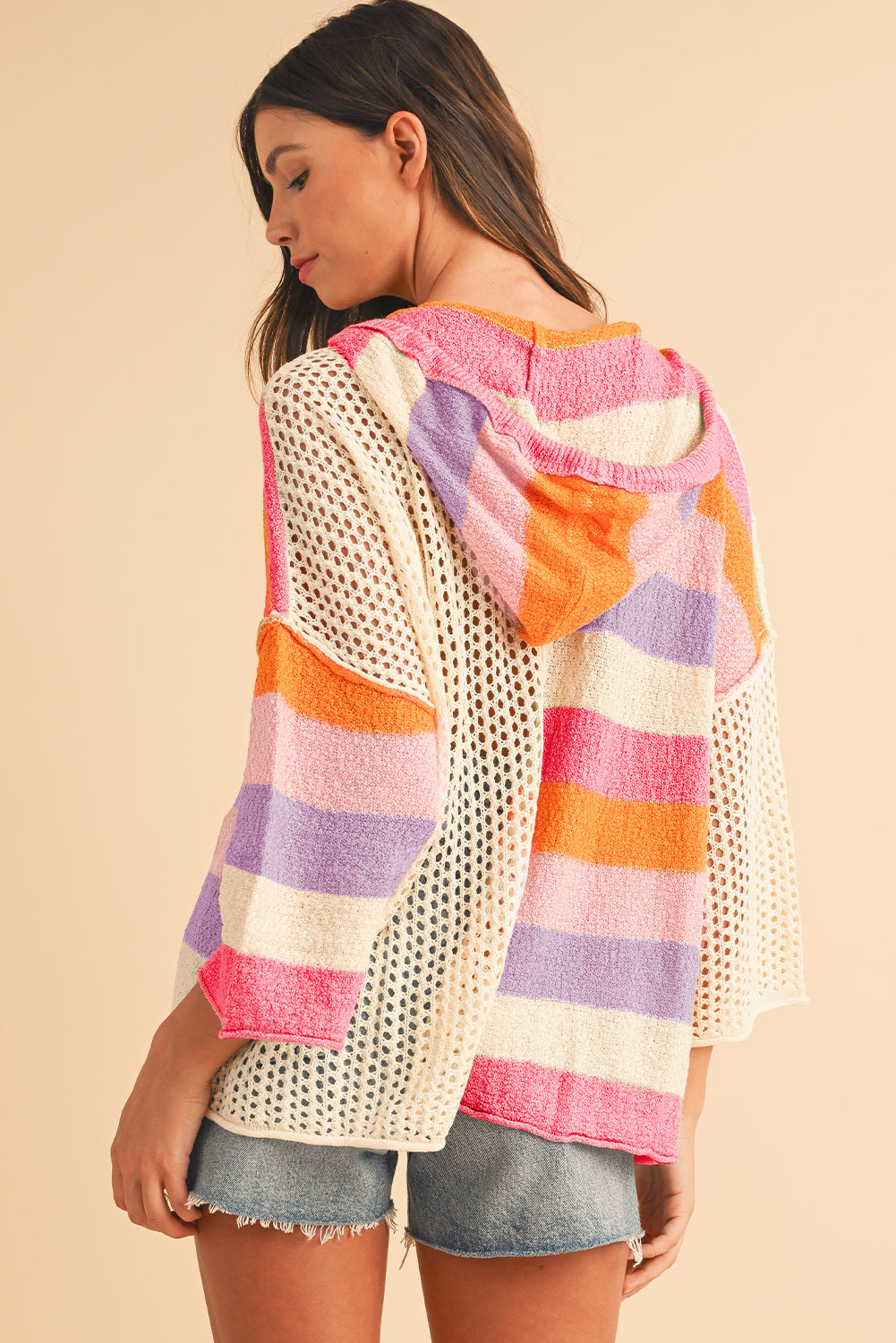 Pink Oversized Colorblock V Neck Hooded Sweater💕