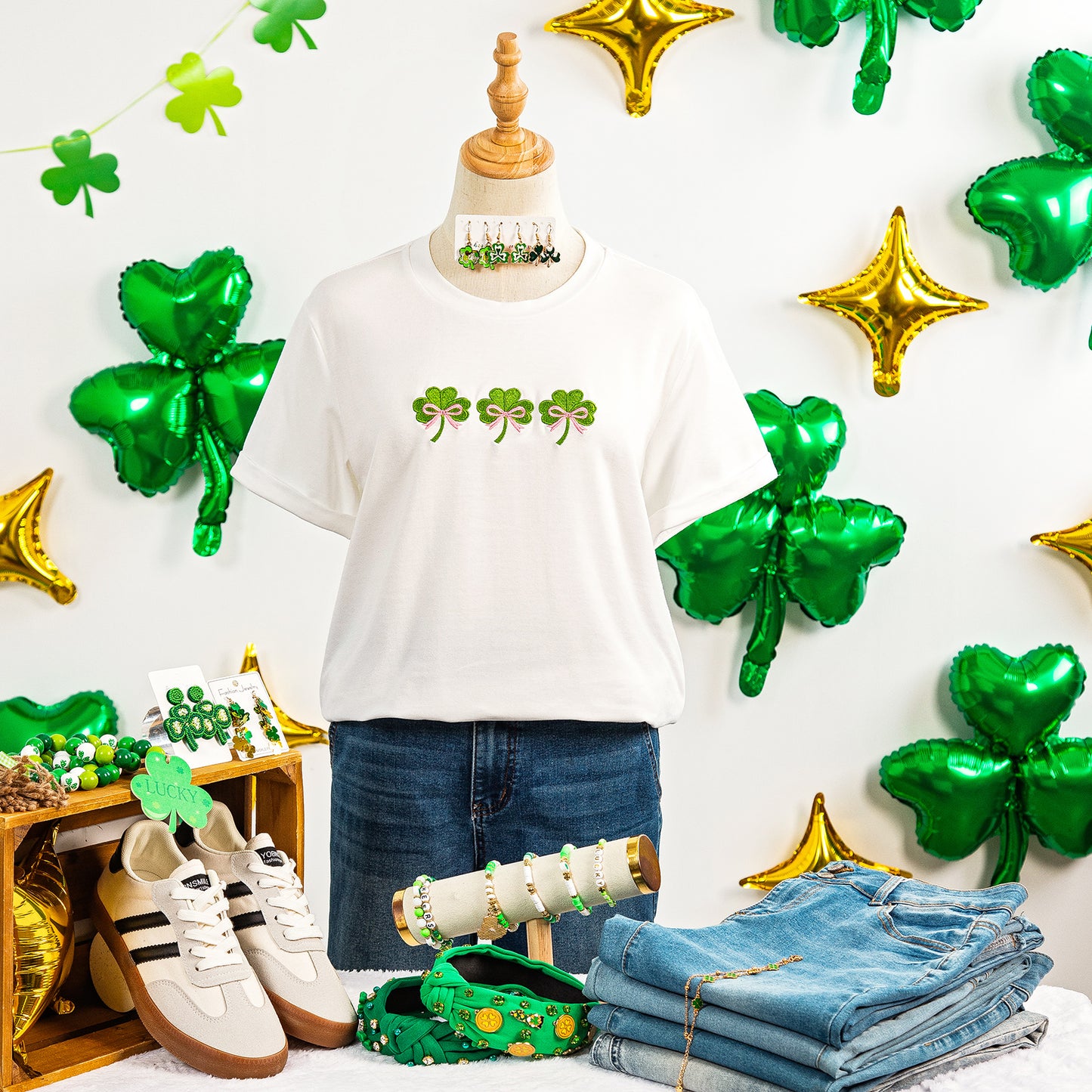 White Ribbon Bow Clover Embroidered Casual T Shirt☘️🎀