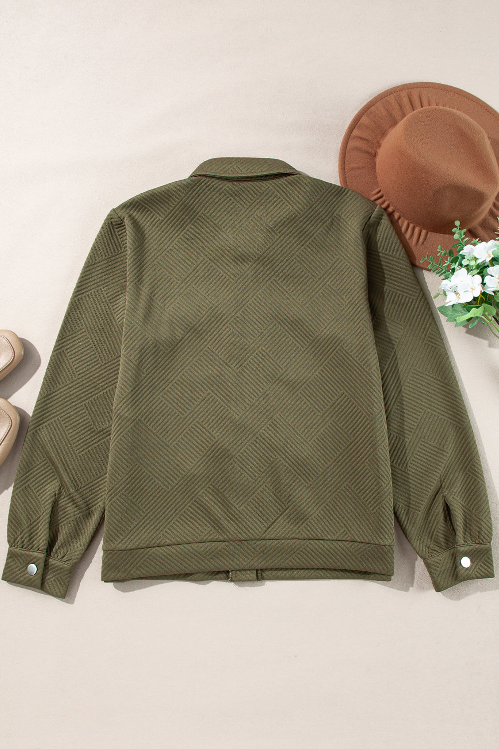 Blackish Green Solid Color Zip Up Button Flap Pocket Shirt Collar Jackets