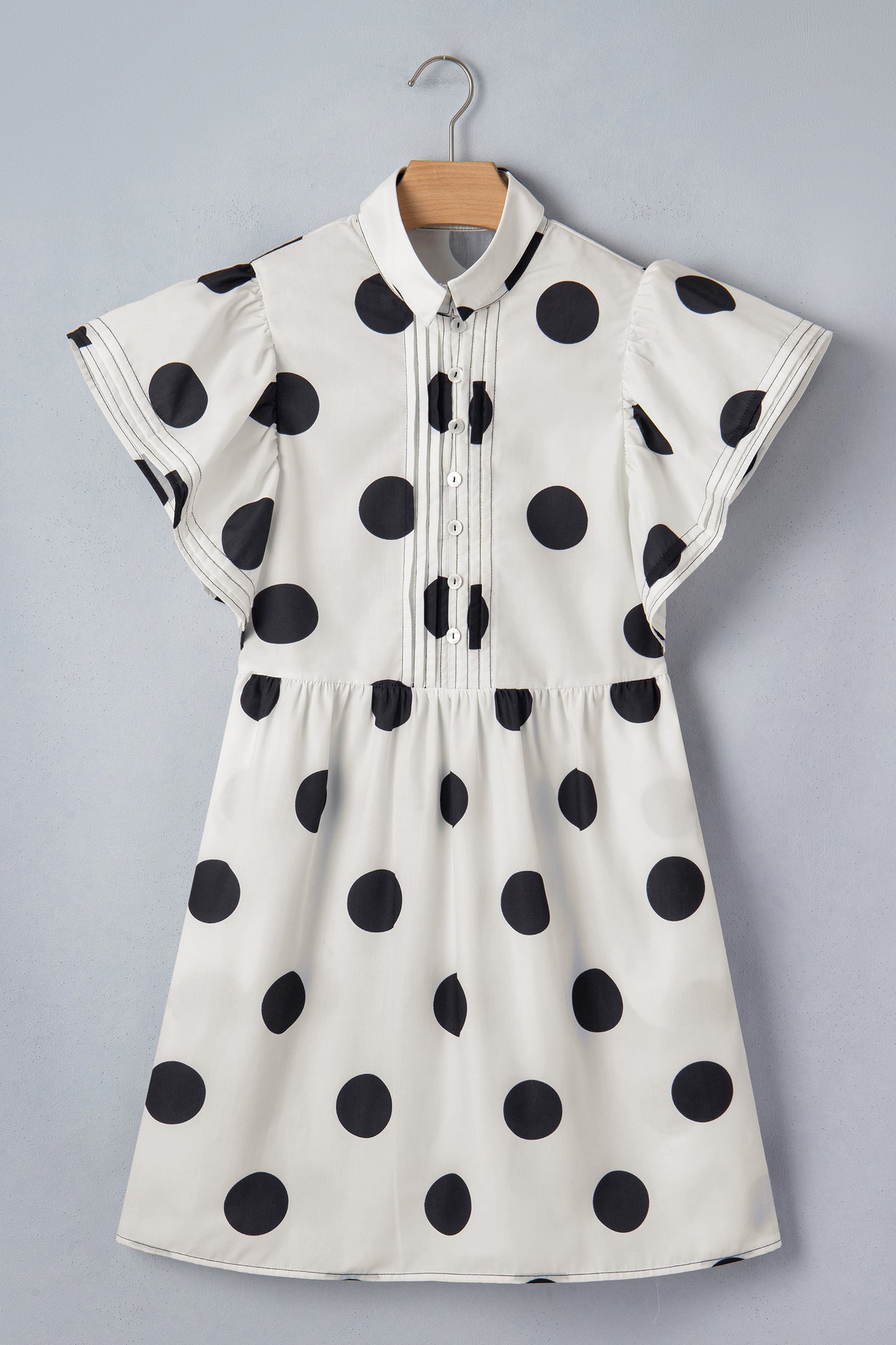 White Polka Dot Print Half Button Ruffled Short Sleeve Loose Mini Dress