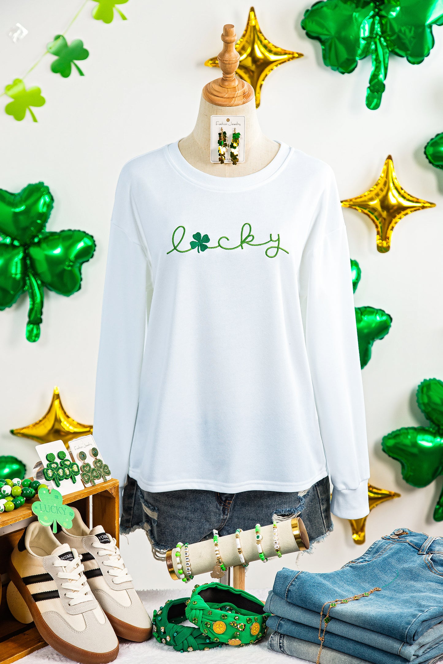 White Embroidered lucky Clover Graphic Long Sleeve Top