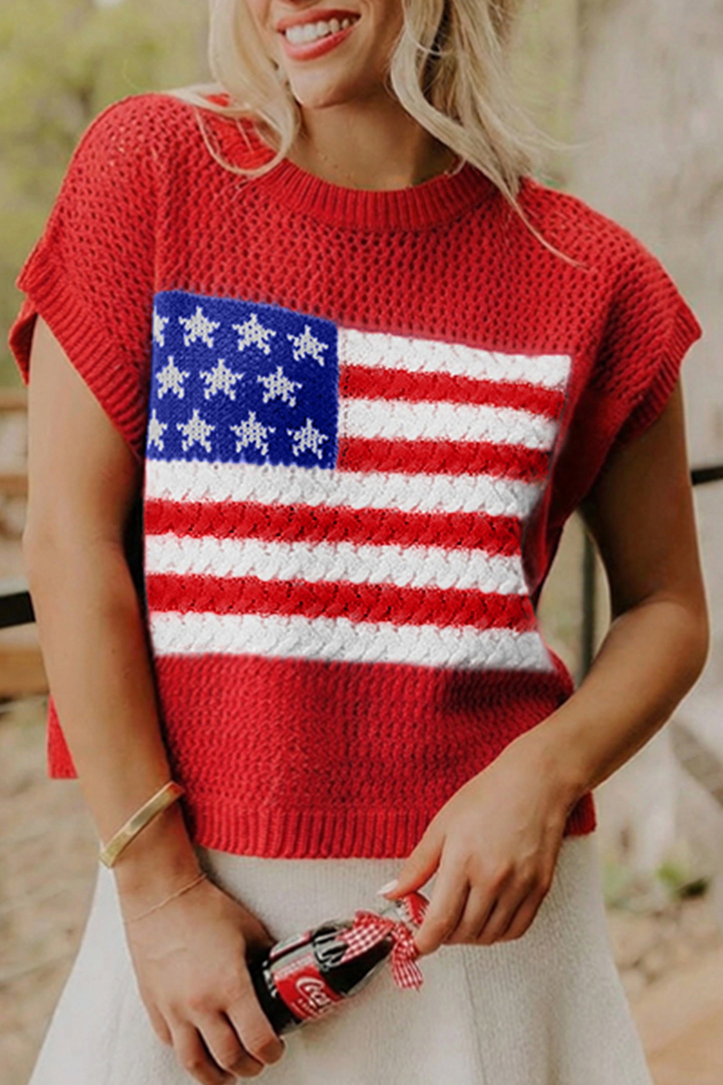 Fiery Red Flag Graphic Short Sleeve Sweater Top🇺🇸🎆
