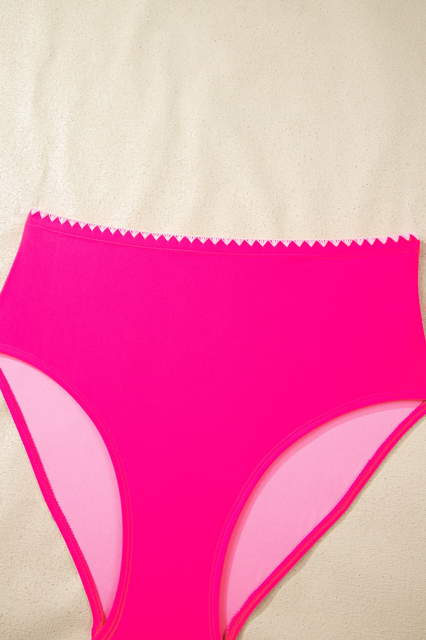 Pink Shell Stitched Trim V Neck Textured Mix and Match High Waist Bikinis