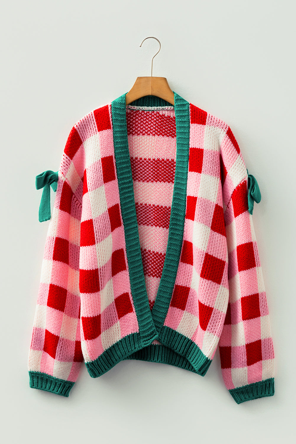 Pink Colorblock Checkered Open Front Knit Cardigan💕