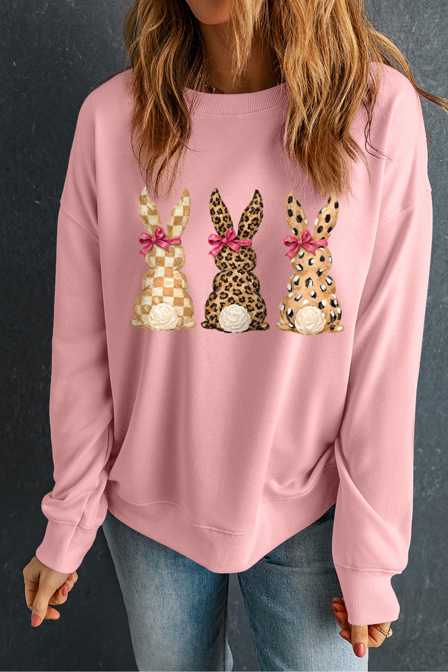 Pink Checkered Leopard Easter Bunny Dropped Shoulder Sweatshirt🐰💕