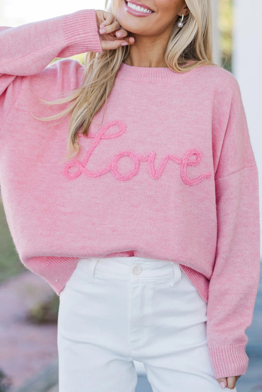Pink Corded Love Script Graphic Baggy Sweater💕